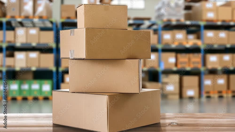 Aufkleber Workers are stacking cardboard boxes to optimize storage space in a bustling warehouse, ensuring efficiency and accessibility