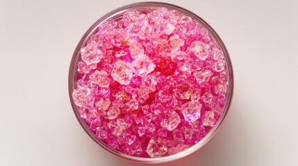 Small glass bowl filled with pink crystals