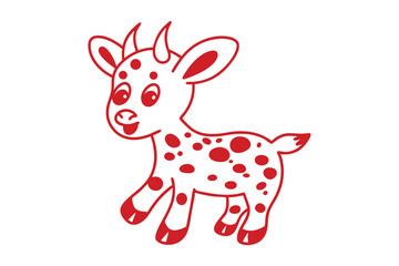 Red cartoon baby goat with spots is illustrated on a white backdrop
