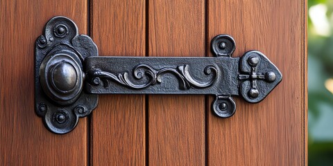 Fototapeta premium Close-up of ornate black metal latch on wooden door, showcasing vintage detailing and craftsmanship in natural light.