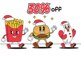 Fun cartoon food characters wearing Santa hats promoting 30 percent off sale for festive holiday season