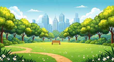 Obraz premium A serene park with a bench and city skyline in the background