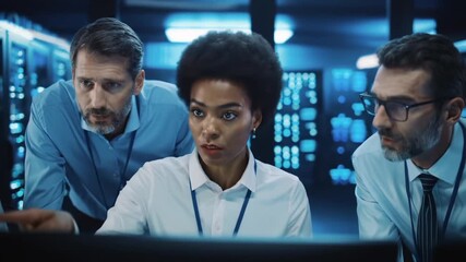 A Diverse Team Analyzes Data Insights in a High-Tech Server Room, Showcasing Collaboration and Expertise in Information Technology and Cybersecurity - Powered by Adobe