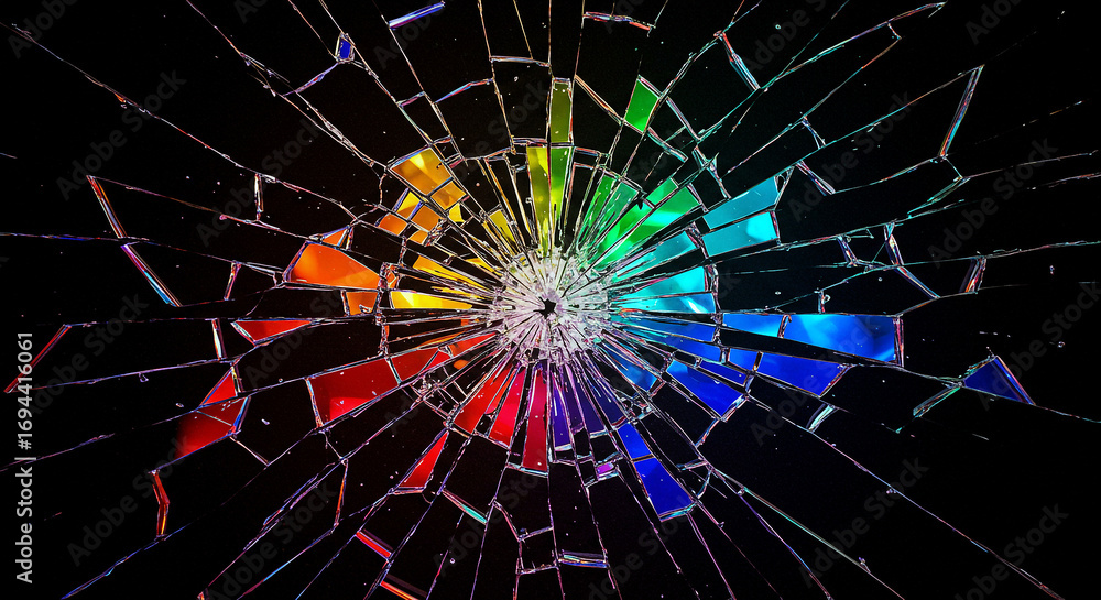 Poster abstract explosion of rainbow colors through shattered glass surface with dark background and sharp 