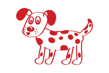 Red cartoon dog happily stands with playful spots against a clean, white background