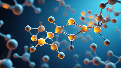 A detailed 3D model of complex molecules, showcasing intricate connections and vibrant orange highlights against a deep blue background.