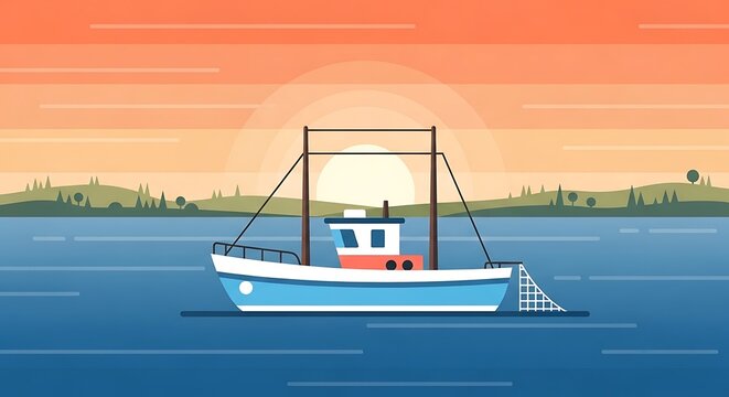 Fishing boat sunset sea landscape.