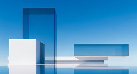 Fototapeta premium Abstract composition of white geometric shapes and translucent blue glass