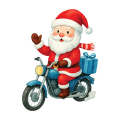 Watercolor Santa Claus Riding Motorcycle with Christmas Gift Box Illustration