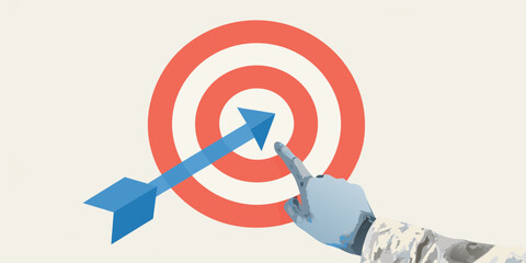 Robotic hand points to the bullseye of a target with a blue arrow indicating success and precision