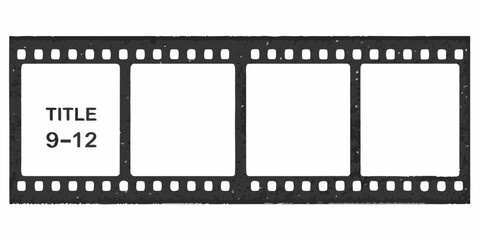 Vintage film strip with four blank frames and title text overlay on first frame