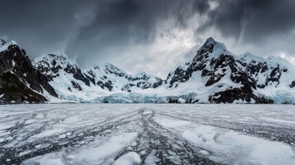Obraz premium A vast Antarctic glacier with a massive, geometric blue void in the ice, under a troubled, melancholic sky.