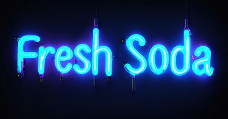 Bright neon sign displays Fresh Soda. Turquoise glow against dark background. Simple typography, inviting atmosphere. Commercial display.