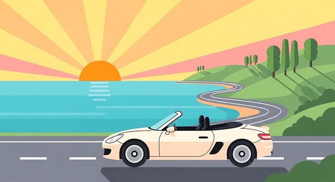 Sunset Coastal Drive Convertible Car.