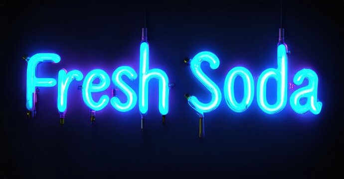 Bright neon sign displays Fresh Soda. Turquoise glow against dark background. Simple typography, inviting atmosphere. Commercial display. - Powered by Adobe