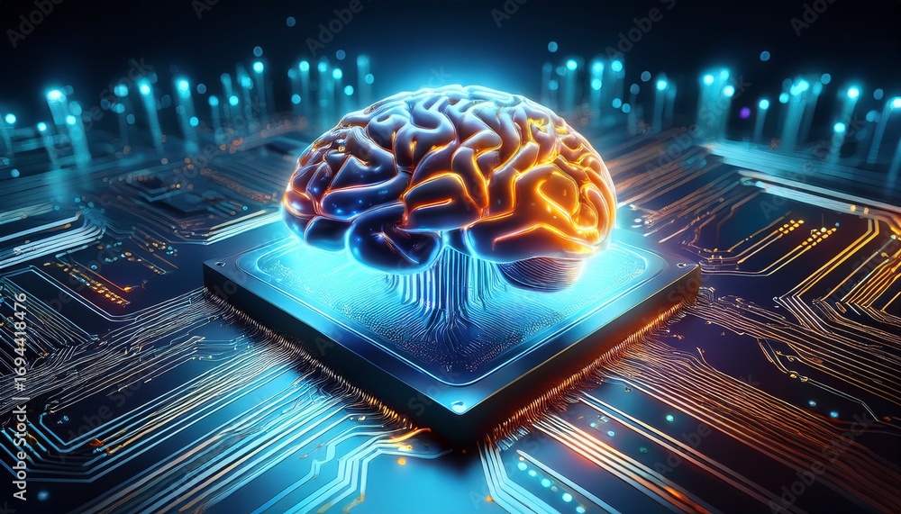 Aufkleber brain computer interface bci concept glowing brain hologram hovers over microchip on circuit board s