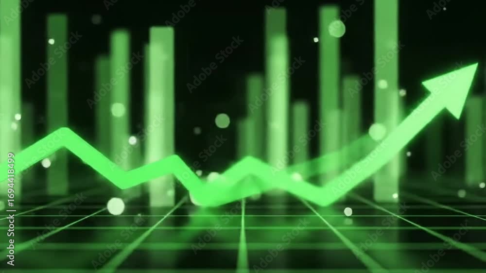 Poster fluorescent green arrow progressing upward on dark grid background