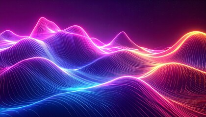 Vibrant neon sound waves flowing in a dynamic digital landscape, an abstract representation of energy and data