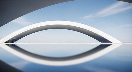 Modern white arch structure reflected in water