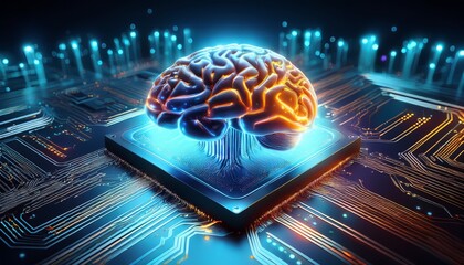 brain computer interface bci concept glowing brain hologram hovers over microchip on circuit board symbolizing artificial intelligence and technology