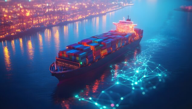 A cargo ship with containers on the water, surrounded by digital connections and data points in an urban harbor at night.