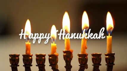 menorah candle stand with glowing flames, light moving softly, greeting text “Happy Hanukkah”, - Powered by Adobe