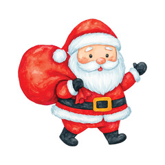 Watercolor Santa Claus Carrying Big Red Sack Full of Christmas Gifts Illustration