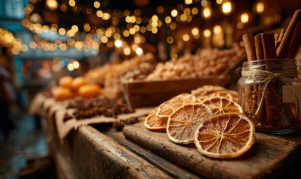 Dried orange slices and cinnamon sticks, market stal, festive lights