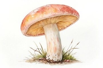 Fototapeta premium Watercolor mushroom with gills and stem surrounded by grass fungus nature