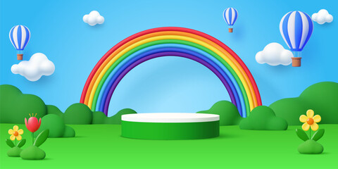 Kids 3d podium stage with rainbow and hot air balloons in summer garden with flowers and greenery. Playful cartoon vector landscape featuring vibrant arch over circular scene, fluffy clouds and blooms