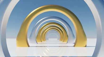 Fototapeta premium Endless tunnel of golden and silver arches receding into the distance