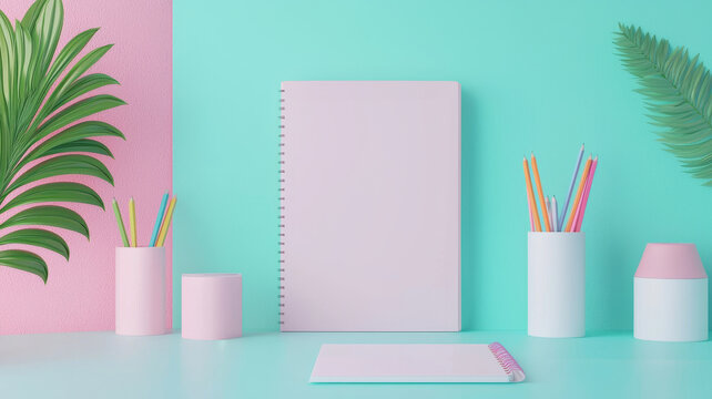 Cheerful designers, sketch pads and creative tools, 3D illustration , closes up