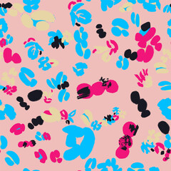 Pink seamless pattern with different abstract flowers and shapes. Vector background, design, print, textile, wrapping paper