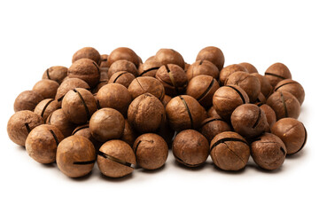 Fototapeta premium Macadamia nuts in a shell isolated on a white background.