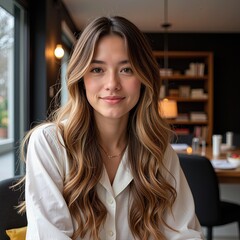 Fototapeta premium Portrait of a Young Woman with Wavy Brown Hair in a Bright Cafe Setting with Bookshelves, Natural Light, Cream Tones.