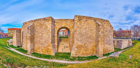 Ancient ruined walls of Roman Aquincum complex in Obuda district of Budapest, Hungary