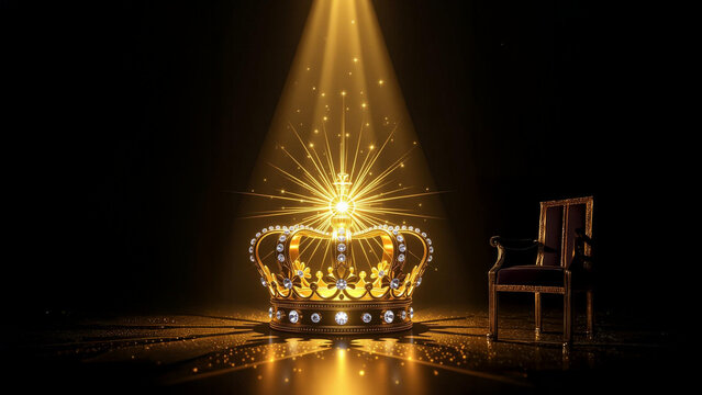 Royal golden crown with diamonds and a regal throne in a dramatic spotlight. Concept of luxury, power, royalty, and success on a dark background.

