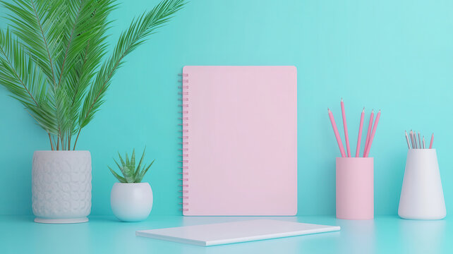 Cheerful designers, sketch pads and creative tools, 3D illustration , closes up