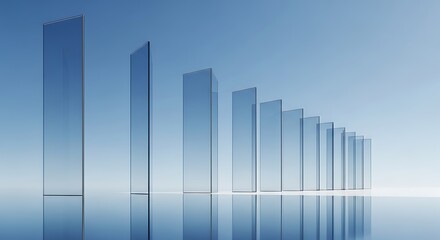 Glass pillars arranged in a descending line against a clear blue sky