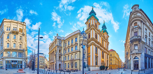 Panorama of University and University Church, Egyetem Square , Budapest, Hungary