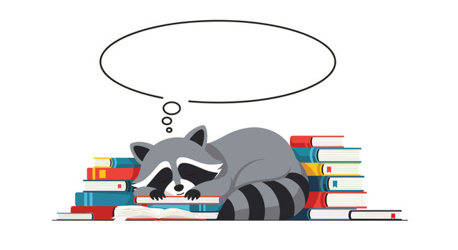 Tired raccoon napping on a pile of books dreaming of adventures