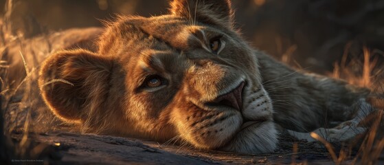 Naklejka premium Majestic Lion Resting in Golden Hour on the Savanna Landscape