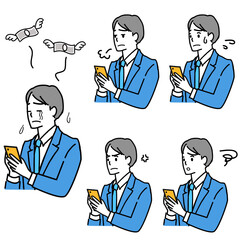 スマホを見て困った表情をしているスーツ姿の若い男性のセット