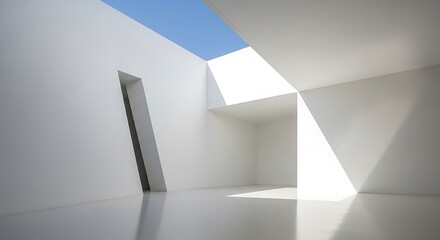 Modern interior with natural light and a skylight showing blue sky