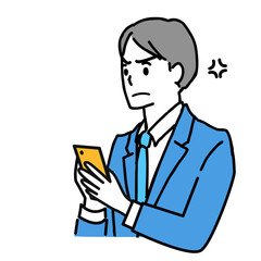 スマホを見て怒る若いスーツの男性のイラスト