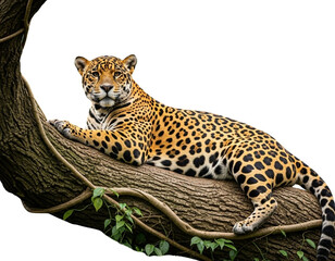 Obraz premium Jaguar Resting on Tree Branch in Tropical Jungle