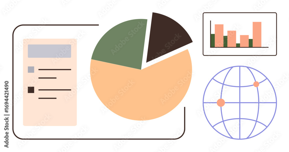 Poster pie chart with divided segments, bar graph with columns, global map with points, minimal layout. ide