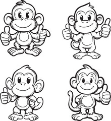 Cute cartoon monkey with thumbs up silhouette simple black and white outline for kids