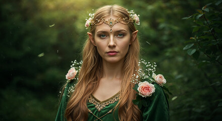 Fantasy elf woman with flower crown and green dress in forest