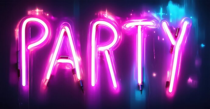 Bright pink neon sign spells PARTY. Dark background creates dramatic lighting effect. Festive, vibrant, modern aesthetic. - Powered by Adobe